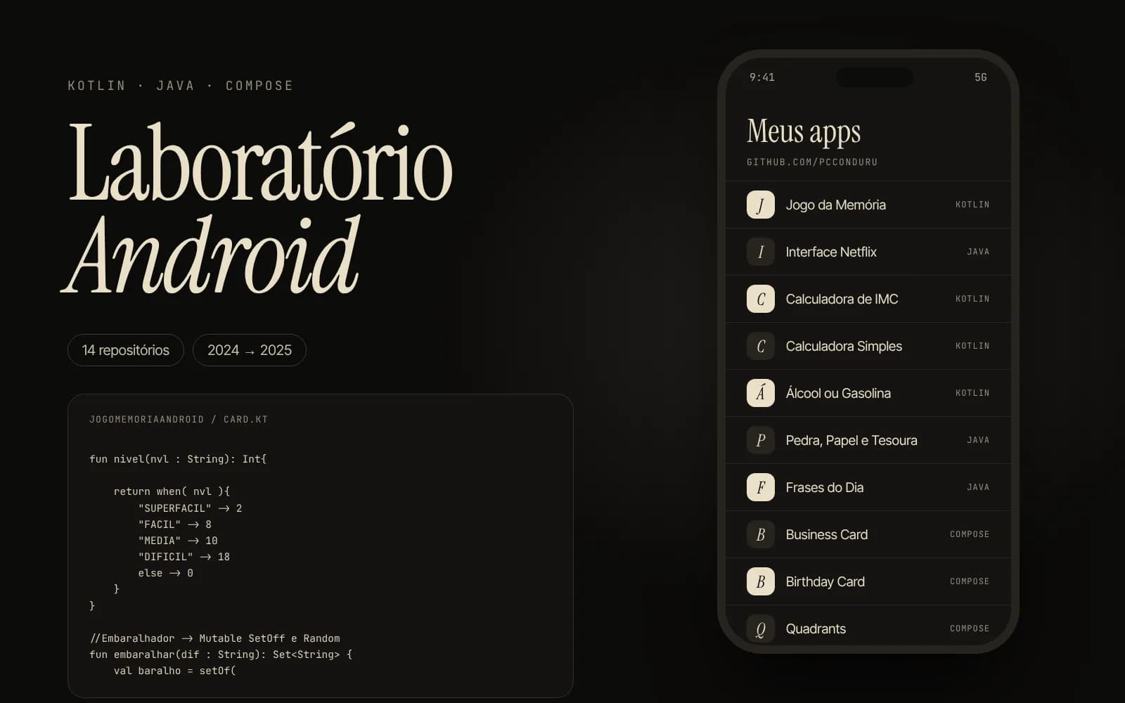 Lista dos apps Android do laboratório