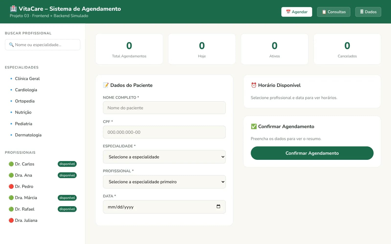 Painel de agendamento com busca de profissionais